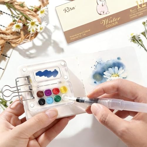Mini Watercolor Paint Set Portable,Travel Paint kit,Paint Palette Travel Kit Set with Paint,Watercolor Pens,Sketchbook,Binder Clips,Acrylic Paint Box,Watercolor Set for Painters Artists Student - Thumbnail 5