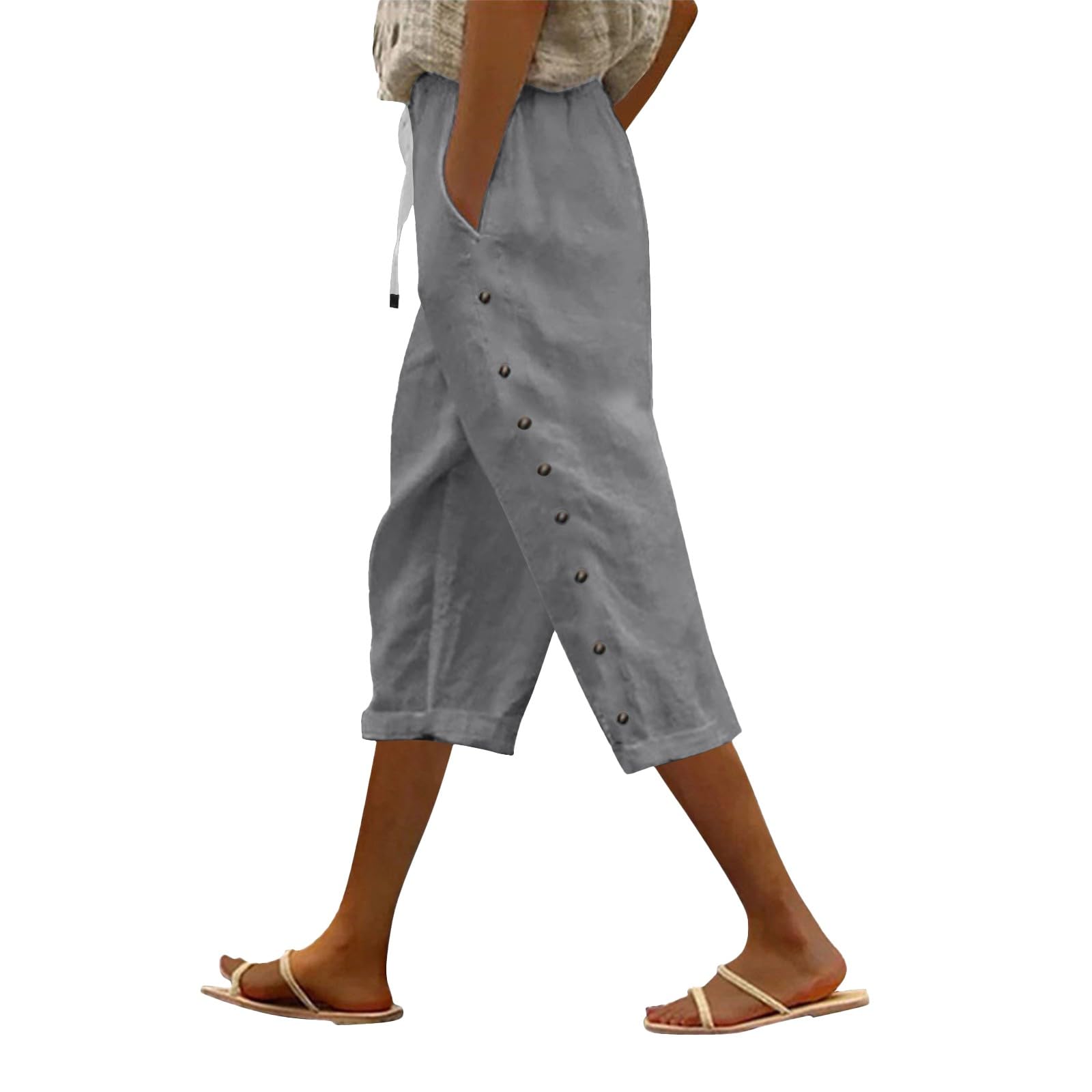 Striped Breathable Linen Capri Pants Summer Women Lightweight Legging Pants Capris for Seniors Trousers with Pockets