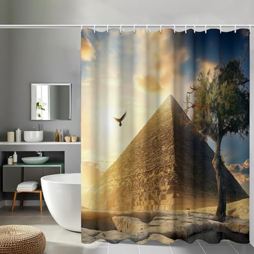 Rideau de douche imperméable et lavable motif pyramide soleil