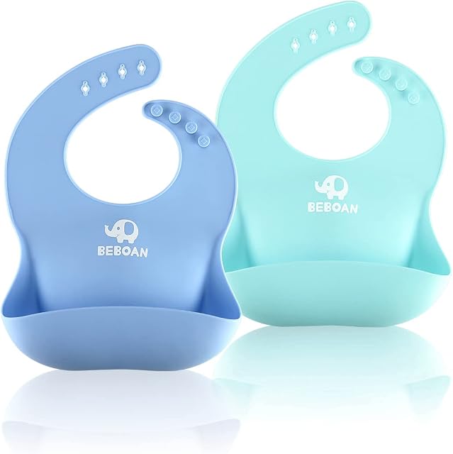 BEBOAN Silicone Baby Bibs, 2pcs Waterproof Food Crumb Catcher Pocket Weaning Bibs, Bibs for Babies & Toddlers|Quick Drying,Food Grade Material,Unisex (Blue and Light Green)