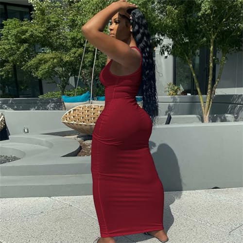 Image of Nimsruc Women Casual Sexy Deep U Neck Tank Top Bodycon Dress Summer Sleeveless Wrap Long Basic Party Club Maxi Dresses