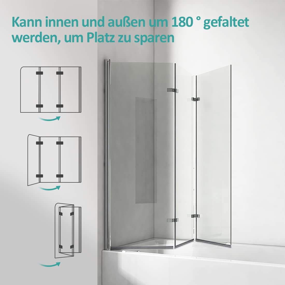 EMKE Paroi de douche pour baignoire 3 volets - 130x140 cm | Verre NANO 6 mm - Paroi pliable à 180°