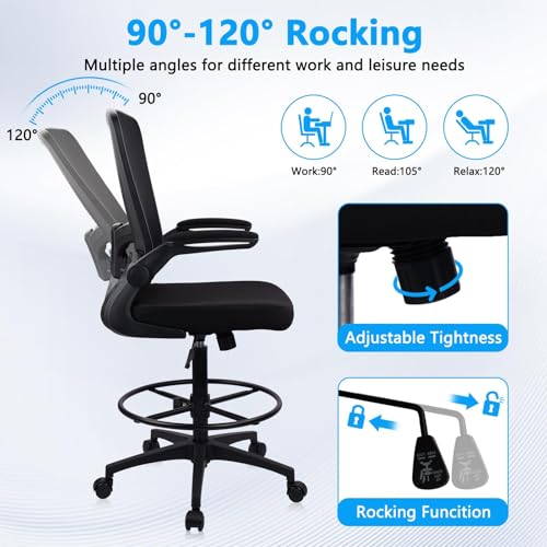 Image of CLATINA Drafting Chair Tall Office Chair with Flip-up Arms, Mid Back Executive Chair with Adjustable Lumbar Support and Footrest, Ergonomic Mesh Computer Standing Desk Chair for Home, Studio, Black