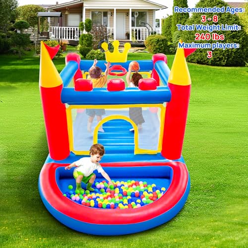 WELLFUNTIME Inflatable Bounce House with Blower, PVC Bouncer for Kids Ages 3-8, Indoor and Outdoor Bouncy Playhouse, Jumping Castle with Pump, Ball Pit, Ringtoss and Target Game, Bouncer for 3 Kids