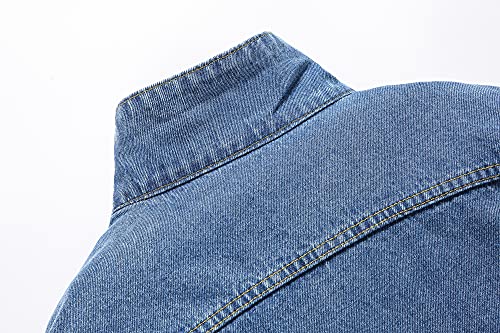 Image of PRIJOUHE Denim Jacket For Men Casual Loose Fit Jean Jackets Long Sleeve Button Down Trucker Coat Distressed Outerwear