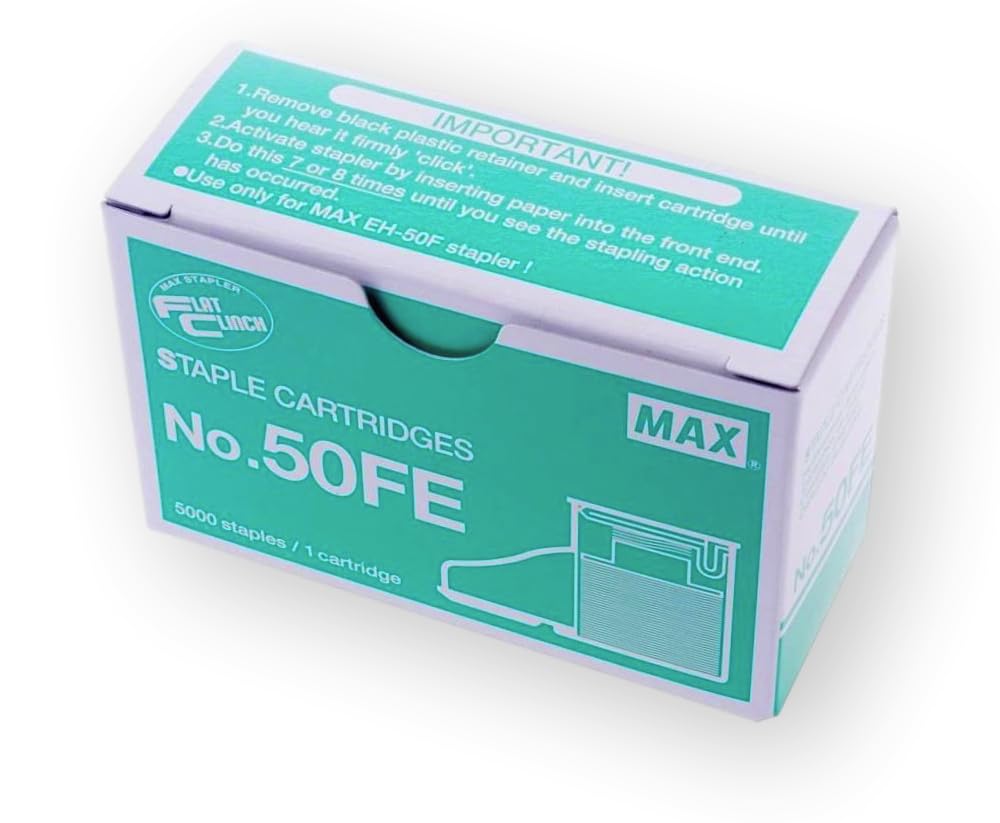 Max 50-FE - Punti metallici per cucitrice elettrica EH-50F Flat-Clinch, confezione da 5000 punti, con punta a scalpello piatta, in una cartuccia a scatto