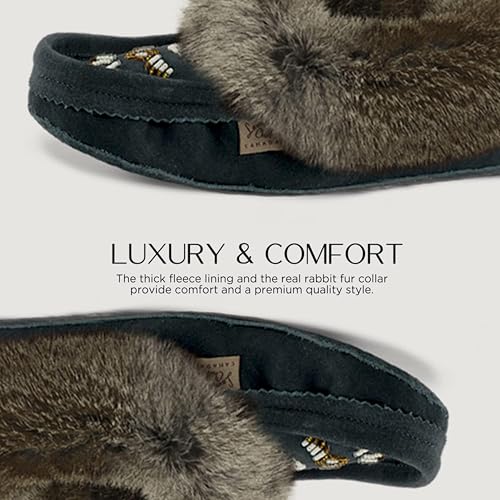 Laurentian Chief Moccasin Slippers for Women – Ladies Comfortable Slippers with Real Rabbit Fur Trim and Soft Faux Lining – Canada Quality Beaded Style Warmie Shoes for House Indoor3