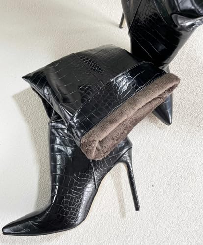 Frankie Hsu Fashion Designer Sexy Women Big Large Size Black Faux Fur Lined Crocodile Patent Leather Stiletto Knee High Heeled Calf Long Boots US4-142
