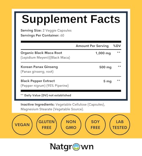 image for Natgrown Black Maca Root + Panax Ginseng Powder Capsules 1500 mg with 