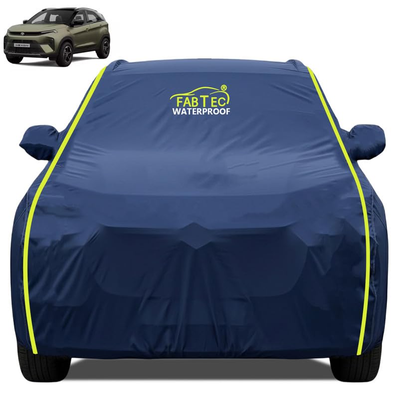 Image of FABTEC Premium Waterproof Car Body Cover for Tata Nexon 2025 | All Weather Protection | Dustproof, UV Resistant, Scratch Proof | Mirror Pocket, Soft Cotton Lining (Navy Blue)