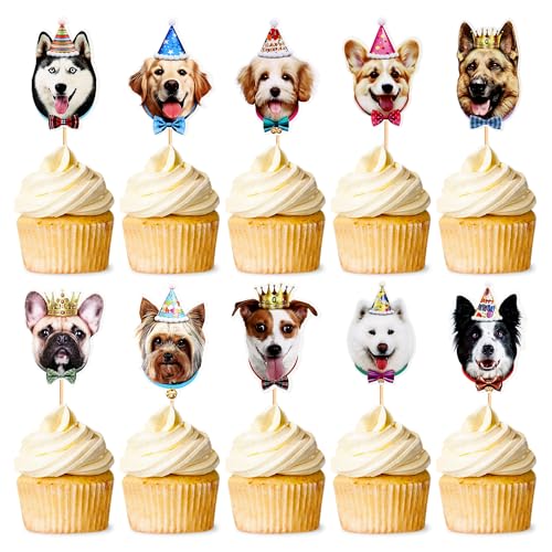 Blumomon 30 Stück Hunde Cupcake Topper, süße Hunde Welpengesichter, Kuchen Deckel, Party Dekorationen für Hunde Welpen Motto Party, Kindergeburtstag, Babyparty, Partyzubehör