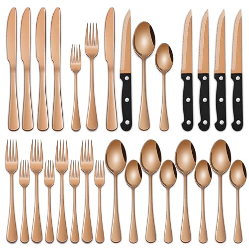 Rose Gold 24 PCS Flatware Sets With Steak Knives Service For 4 Person Copper Eating Untensils Set For Kitchen Silverware Set Includes Knife Spoon And Fork Set