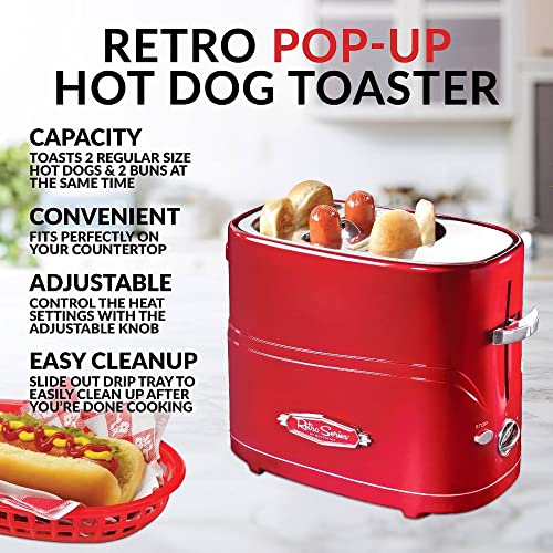 Nostalgia Adjustable 5 Setting Retro Pop Up Hot Dog Toaster, Fits 2 Regular Or Extra Plump Hot Dogs And 2 Buns With Removable Cage And Mini Tongs, Red #TOP4