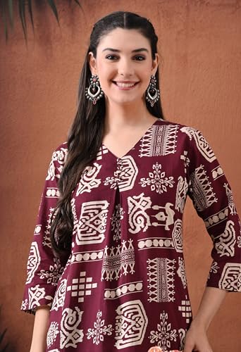 Image of Ichaa Women's Pure Cotton A-Line Ethnic V-Neck Kurta with 3 /4th Sleeve for Daily and Office Wear, in Plus Sizes