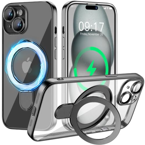 Image of Magnetic for iPhone 15 Plus Case with Invisible Stand[Compatible with MagSafe][Full Camera Lens Protector][Military Drop Protection] Shockproof Not Yellowing Clear Slim Soft for Women Men