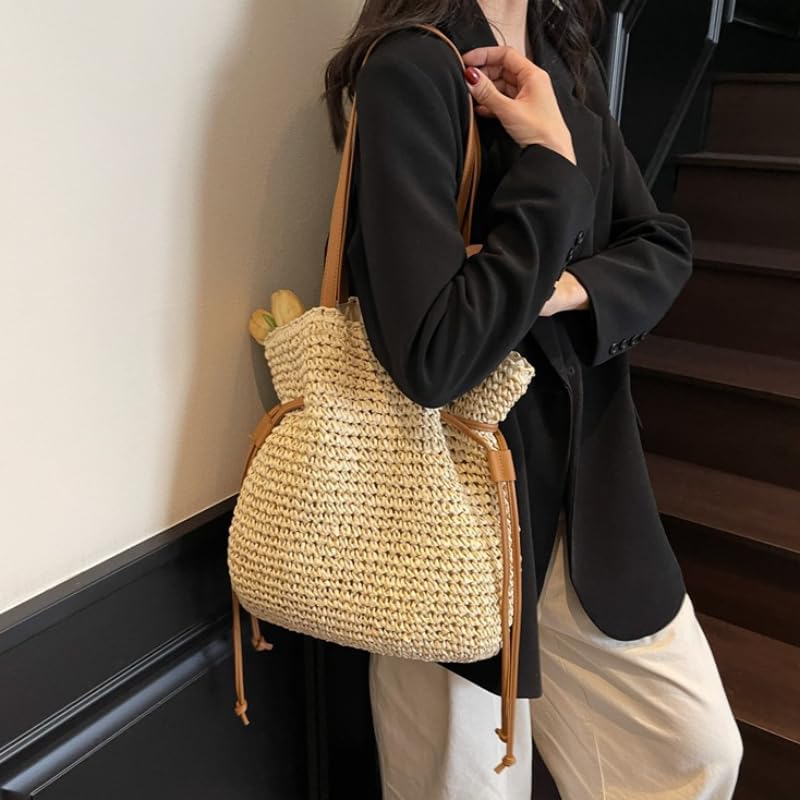 Women's Straw Woven Beach Tote Bags Boho Crochet Summer Trendy Shoulder Bags Large Bucket Handmade Tote Purse Beige