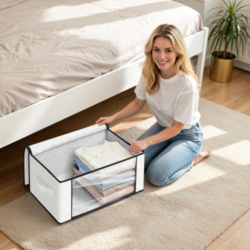 Image of Fab totes 35L Closet Organizers and Storage, Foldable Under Bed Storage Containers, Storage bags for Organizing Bedroom, Closet, Clothing,Organization with Handle (3 Pack,Ivory)
