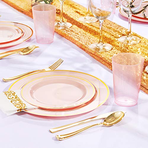 Bucla 150Pcs Pink Plastic Plates With Gold Rim - Pink Plates With Gold Plastic Silverware -Pink Disposable Plates For Easter Party, Bridal Shower, Mother’s Day And Wedding #TOP2