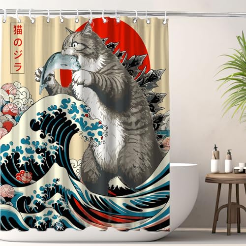 Image of Funny Japanese Cat Shower Curtain, Vintage Cat Eating Fish Japan Art Anime Sunset Wave Waterproof Shower Curtain with Hooks, Animal for Kids Fabric Shower Curtains Bathroom Decor 72X72inches