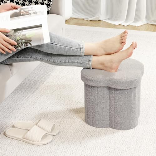 Image of B FSOBEIIALEO Storage Ottoman Cube, Flowers Shaped Ottomans with Storage Foot Stool Footrest for Lving Room, Boucle Ottoman Seat for Dorm Room,Faux Teddy Fur, Grey 12.6 inchx12.6 inchx12.6 inch