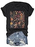 Women's Boho Flower T Shirt Vintage Flowers Printed Shirt Colorful Wildflower Graphic Tee Casual Botanical Short Sleeve(S,Black-11)