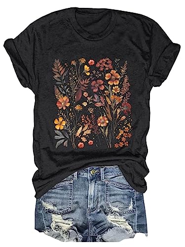 Women's Boho Flower T Shirt Vintage Flowers Printed Shirt Colorful Wildflower Graphic Tee Casual Botanical Short Sleeve