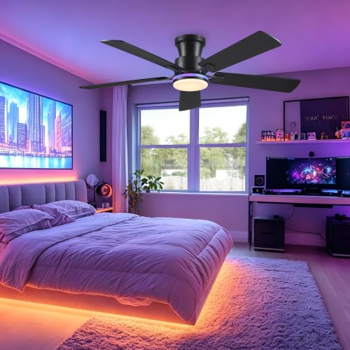 Image of JSAITEE 52in Flush Mount Ceiling Fans with Lights Low Profile, Black RGB | Ceiling Fans with Lights Flush Mount Low Profile, Reversible Motor, 3CCT Dimmable, Noiseless, 6 Speeds, Black Modern