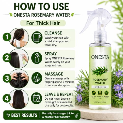 Image of ONESTA Rosemary Water Hair Spray for Hair Growth & Hair Fall Control | Strengthens Roots Nourishes Scalp Promotes Thicker & Fuller Hair | Daily Leave-In Rosemary Hair Mist for Men & Women | 100ml