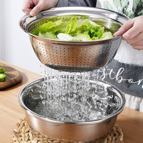 Image of Stainless Steel Colander with Mixing Bowl Set - Heavy Duty Microporous Strainer Basket for Washing Rice, Fruits & Vegetables (3 in 1 Strainer Drainer Cutter)