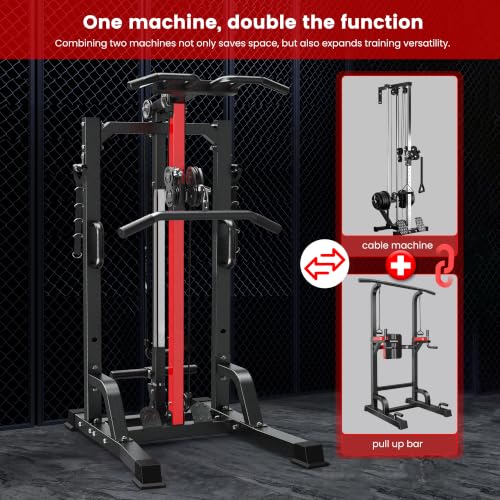 Image of Pull Up Bar Power Tower Dip Station with Cable Machine, 450LB Home Gym
