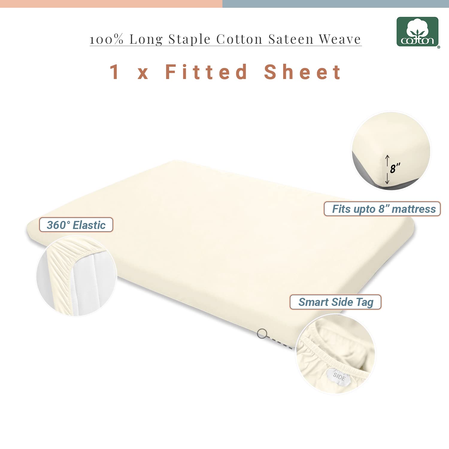 Pizuna 100% Cotton Fitted Travel Sheet New Ivory, 400 Thread Count Long Staple Cotton Fitted Travel Sheet 60x120 cm - Image 3