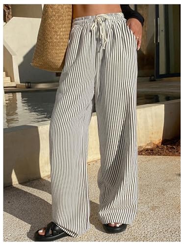 GORGLITTER Women's Striped Linen Pants Wide Leg Drawstring Causal Trousers Streetwear Apricot and Black X-Large3