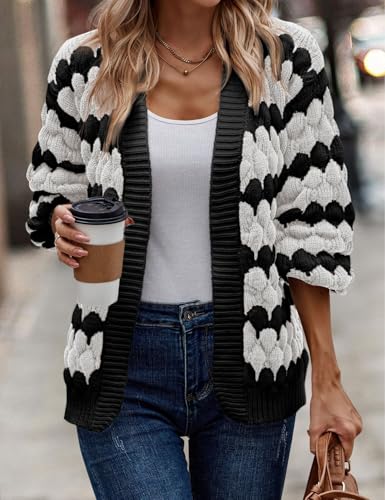 Image of Arssm Womens Oversized Chunky Cardigan Sweaters Open Front Striped Color Block Cable Knit Fall Winter Sweater Coats(White-L)