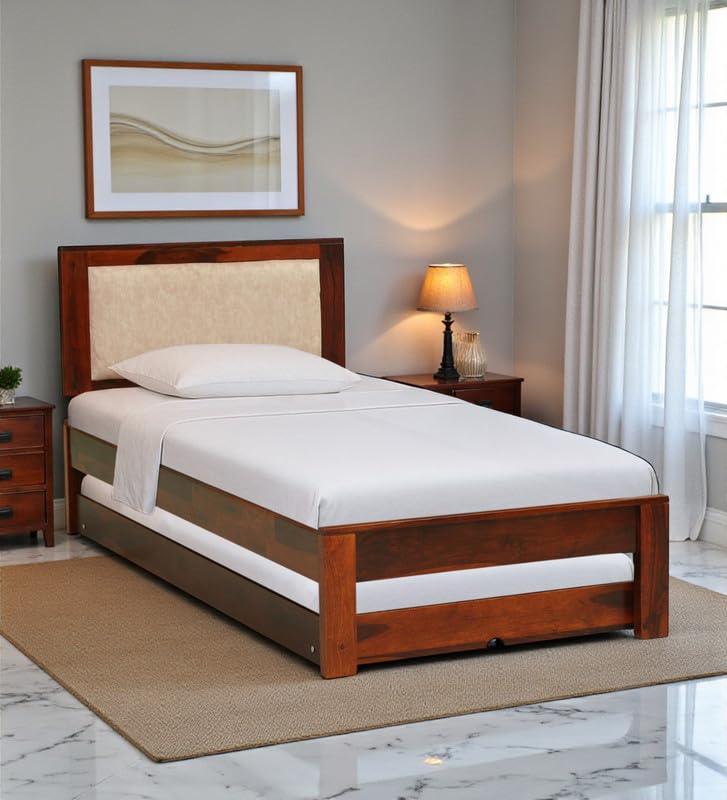 Image of Solid Sheesham Wood Pearl Single Size Trundle Bed with 1 Extra Pullout Bed | Wooden Single Bed Cot Palang Furniture for Bedroom Living Room Home and Hotel (Honey Oak Finish)