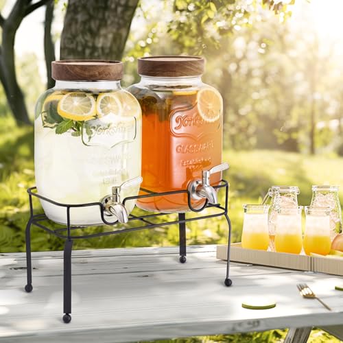 mustry Glass Drink Dispenser for Parties, 1 Gallon Beverage Dispenser with Stand and Spigot Solid Stainless Steel, Used as Lemonade Dispenser Sun Tea Jar Kombucha Jar, Set of 2