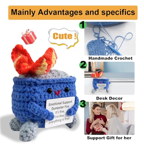 Image of Emotional Support Crochet Dumpster Fire with Positive Card Cute Room Decor Knitted Toys Funny Crochet Support Buddies Gifts for Friends (Dark Blue)