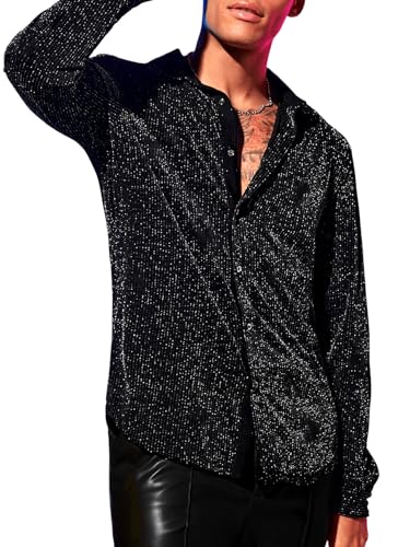 Verdusa Men's Glitter Shirts Long Sleeve Collar Button Down Party Shirt Top3