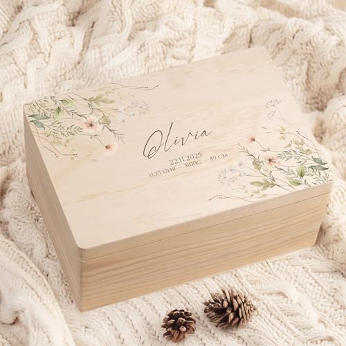Craftnez Caja de recuerdos personalizada para bebé y niño, caja de madera XL con nombre grabado y fechas de nacimiento, gran regalo para nacimiento y bautizo, caja de recuerdos de madera maciza