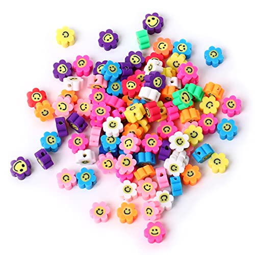 200 PCS Colorful Sun Flowers Beads 10mm Mixed Polymer Clay Smiley Face Beads for DIY Bracelet Necklace Earrings
