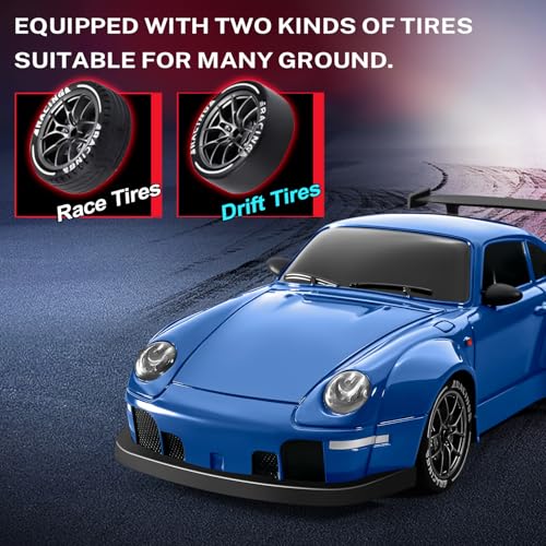 Image of ACAMMZAR RC Drift Car, 1:24 Remote Control Car for Kids, 20KM /H 4WD High Speed RC Cars with LED Lights, Two Batteries, Extra Drifting Tires, Vehicle for Adults Boys Girls, Blue