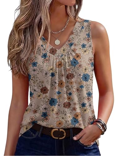 Image of Zeagoo Womens Tank Tops Summer Sleeveless Loose Fit Tops V Neck Pleated Shirts Basic Tees Dressy Casual Trendy Clothes
