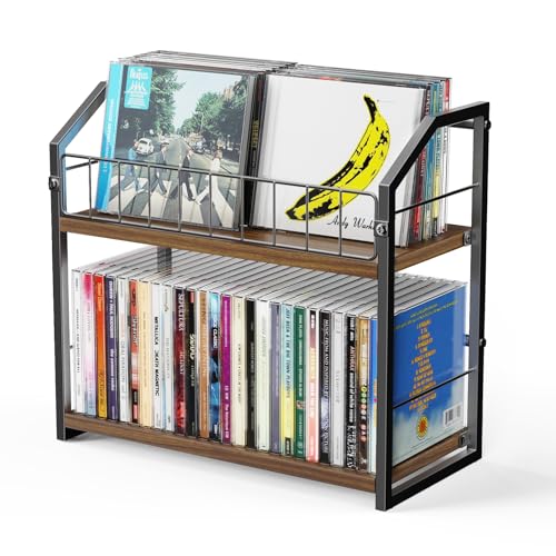 Image of 2-Tier CD Holder, CD Storage Rack for Display, CD Organizer with Rubber Feet, Stores Up to 60 CDs for Shelf Storage and Organization, for Music Enthusiasts and Collector Walnut