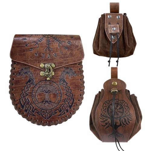 3 PCs Medieval Faux Leather Belt Bag Set, Renaissance Drawstring Pouch Dice Bag, Vintage Side Pack Coin Purse for LARP (Brown A)
