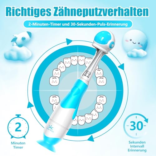Elektrische Zahnbürste Kinder Baby Zahnbürste Kinderzahnbürste Elektrisch ab 1 2 3 Jahre mit Fingerzahnbürste, Süße Schutzhülle, LED-Licht, 2 Minuten Timer, Saugnapf für Kleinkind (Blau Astronauten) – Bild 7