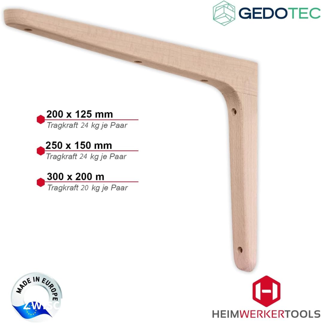 Gedotec Holzkonsole aus Buche | 10 Stück Regalwinkel aus massivem Naturholz | 300 x 200 mm | TAUM | paarweise Tragkraft bis 20 kg | Regal-Halter geeignet für Bücherregale | Schwerlastträger Wandregale