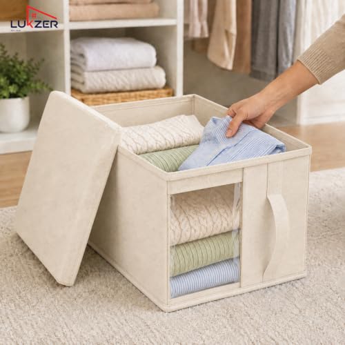 Image of Lukzer 1 PC Wardrobe Organizer for Clothes, 20L Foldable Non-Woven Fabric Storage Box with Lid, Clear Window & Front /Back Handles | Almirah Cupboard Organizer for Jeans, Sweaters & Sarees - Beige
