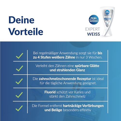 PERLWEISS Expert Weiss Zahncreme – Bis zu 4 Stufen weißere Zähne in 3 Wochen – Zahnpasta für weiße Zähne wie beim Zahnarzt – zahnschmelzschonende Zahnaufhellung & Glanzpflege mit Perlit