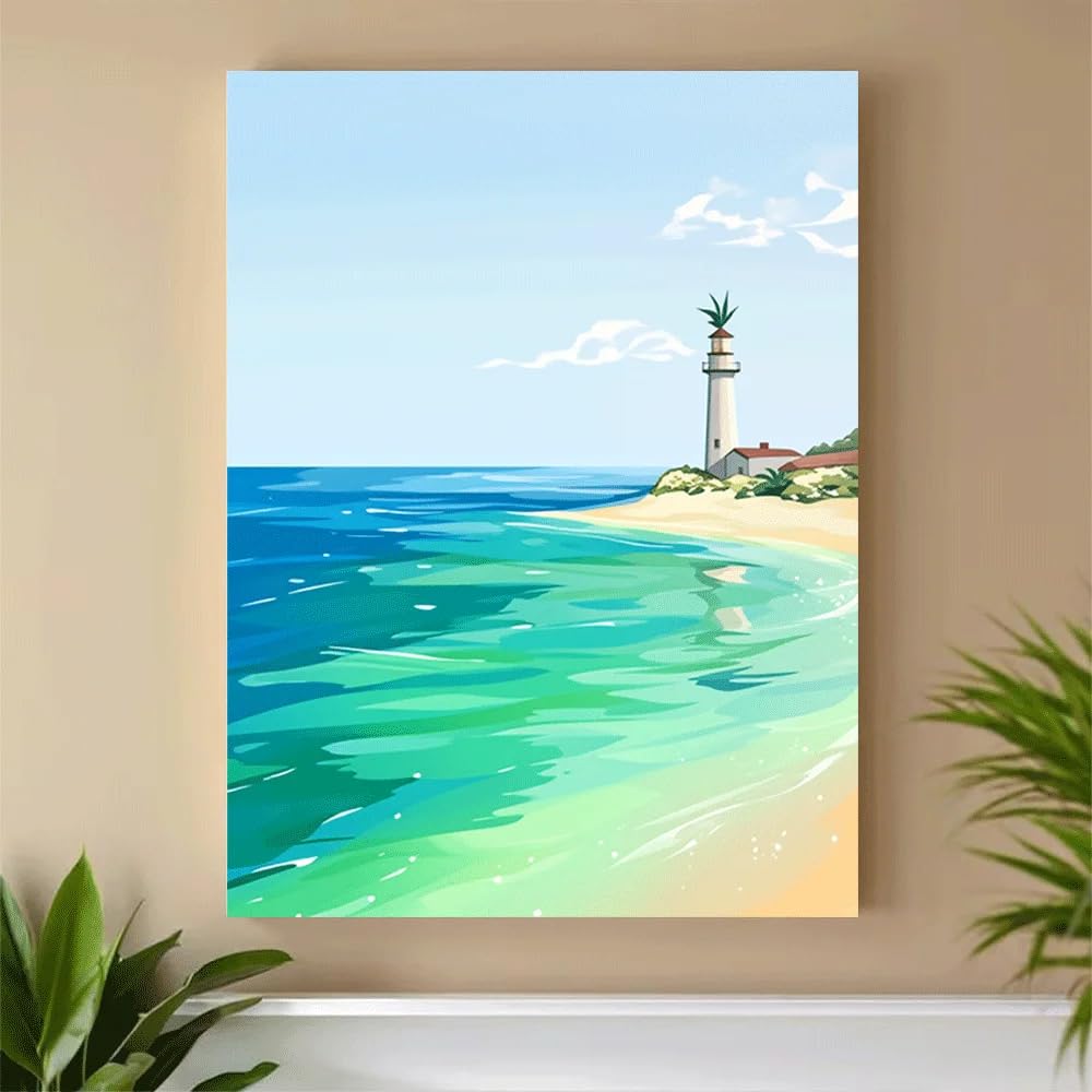 GKUVBF Tableau sur toile représentant un paysage côtier tropical, un phare sur la plage en été, une vue sur l'océan et un décor marin pour chambre à coucher (60 x 80 cm/cadre intérieur)