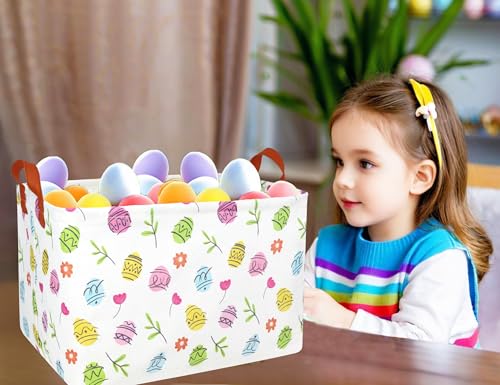 Image of Rectangle Empty Easter Baskets Boy Large Toy Storage Bin Girls collapsible Hamper Waterproof Canvas Box Kid Gifts Spring Decor( Brief Strokes Egg )