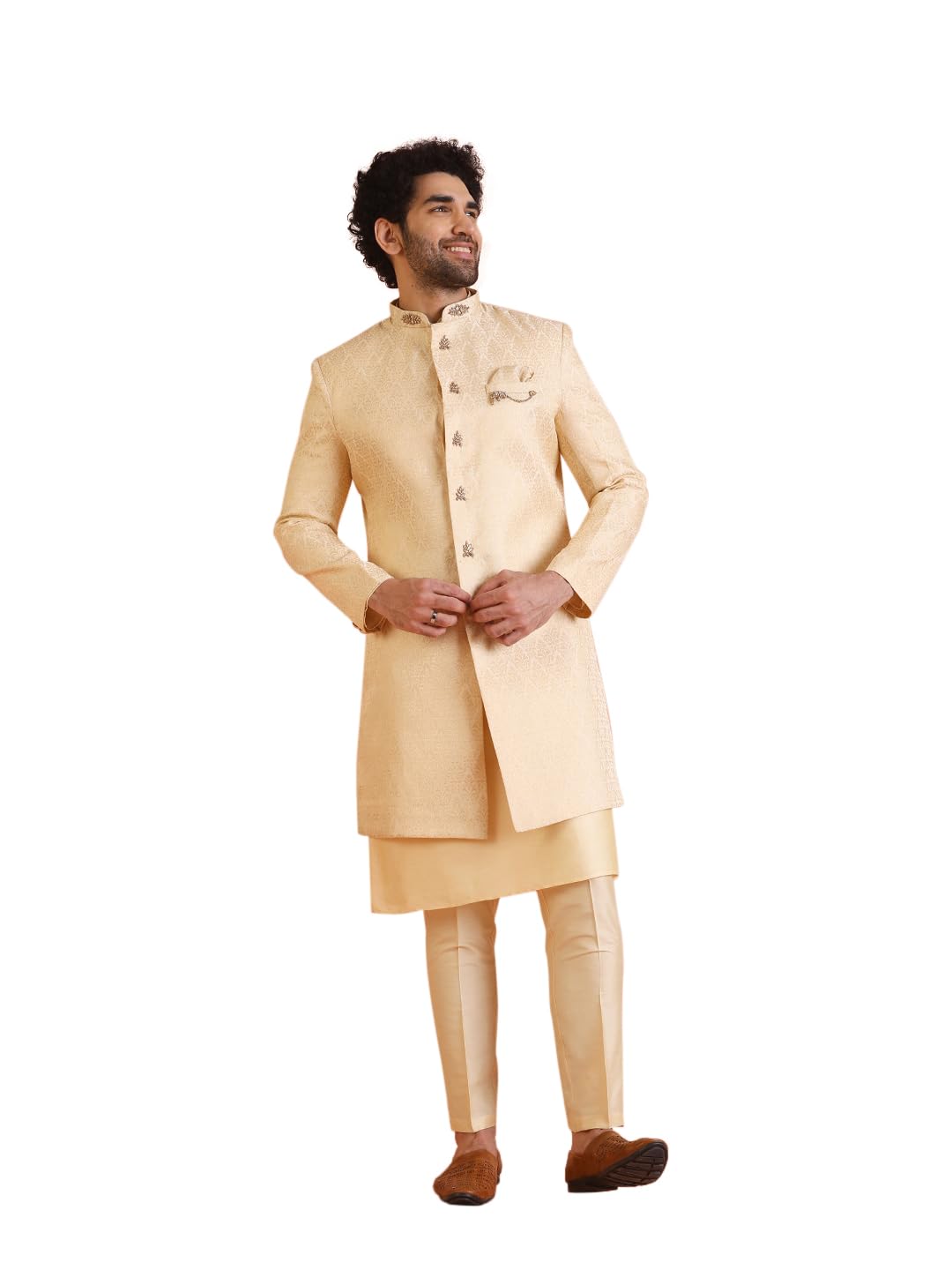 Men Cream Jacquard Ethnic Motifs Kurta Indowestern Sherwani Trouser Set-image-23